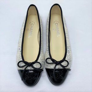 Chanel Tweed Ballerina Flats with Patent Leather Black Cap Toe